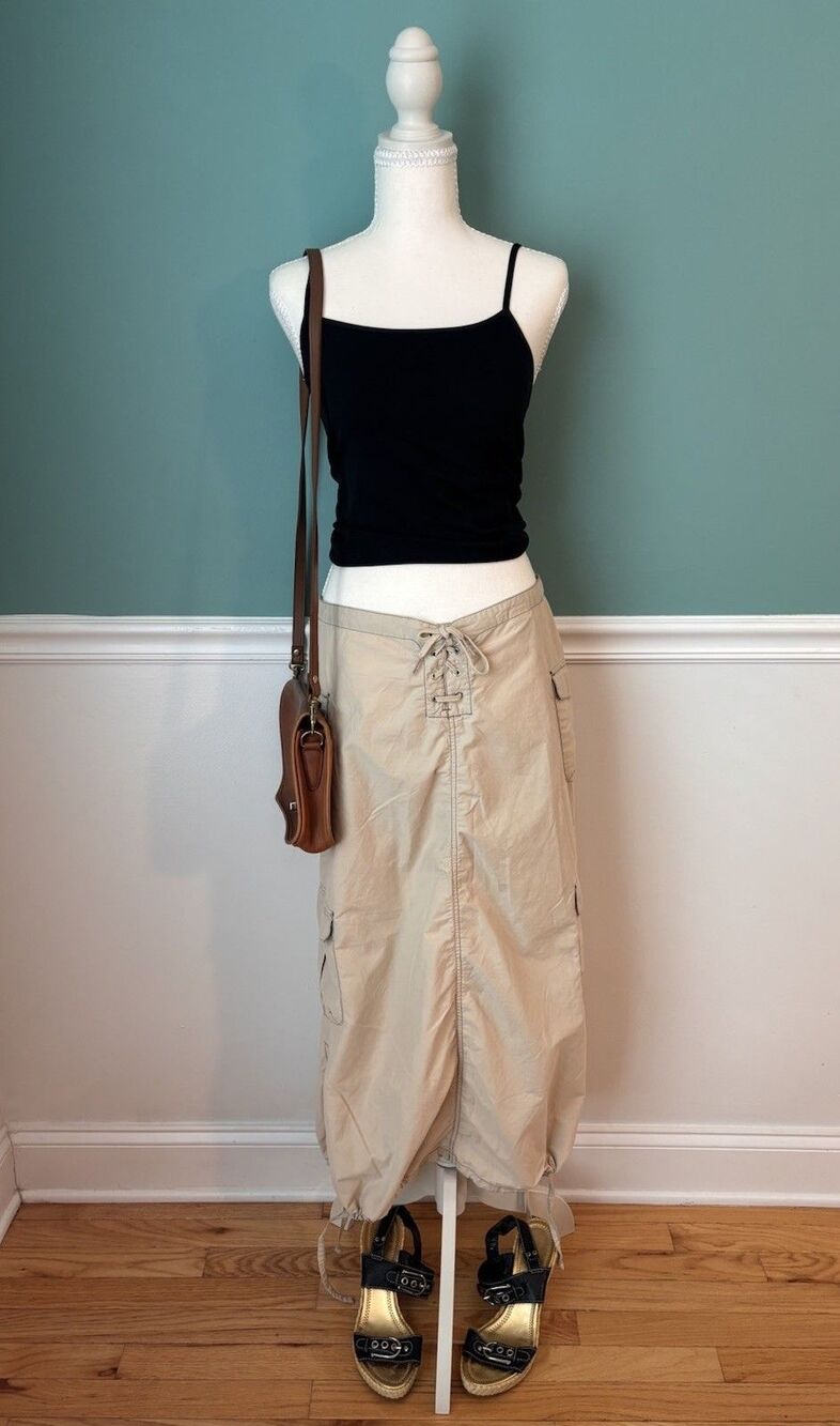 Tommy Jeans Y2K Cargo Maxi Skirt Womens 7 Beige Parachute Utility Lace Up